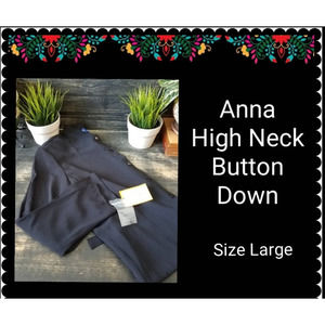 BLACK |  HIGH NECK BUTTON -DOWN BLOUSE | SIZE LARGE